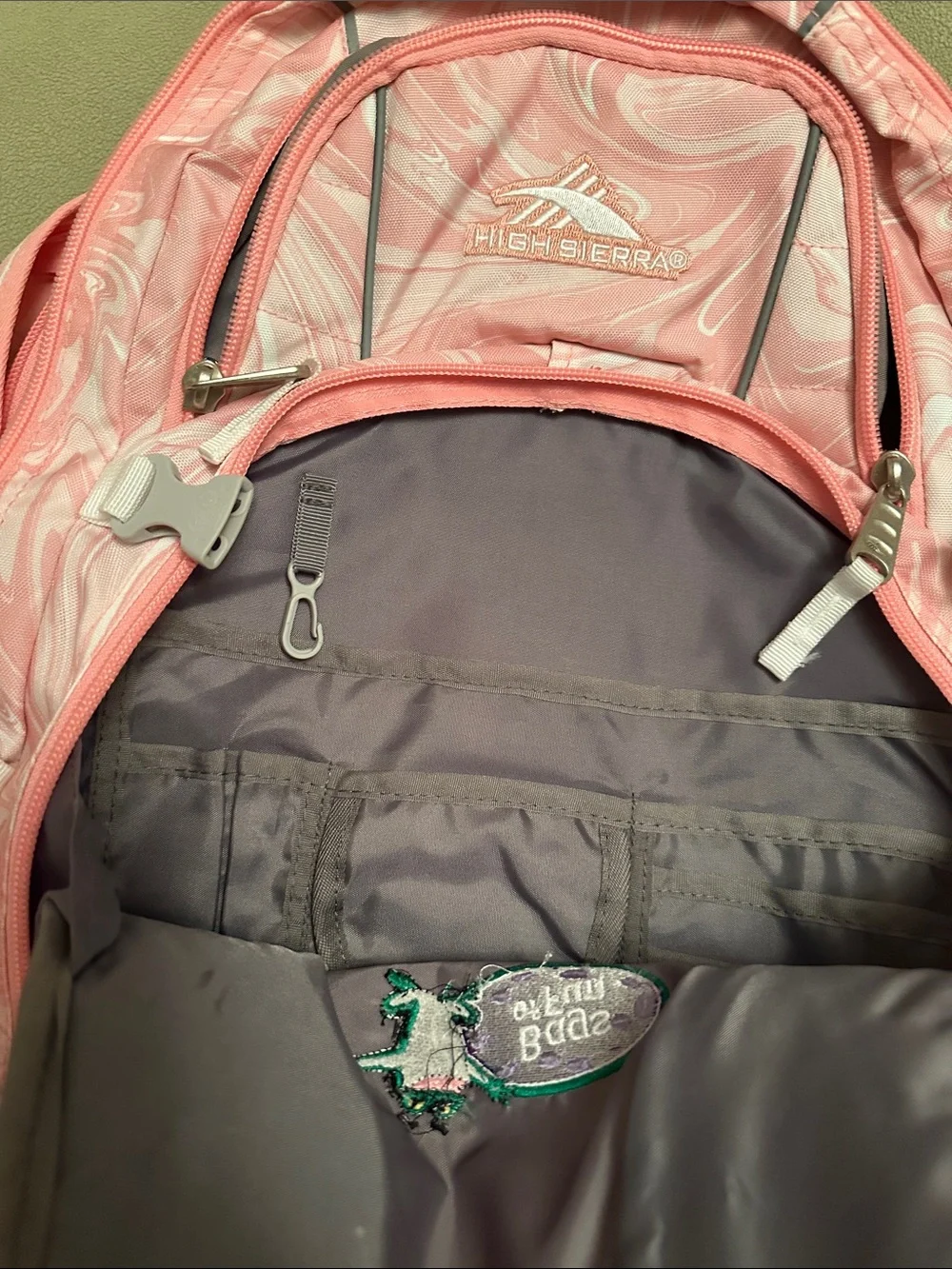 High Sierra Pink Swirl Backpack with Bags of Fun Patch